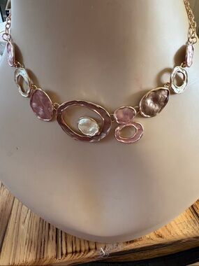 Pink and Cream Gold-Tone Organic Statement Necklace